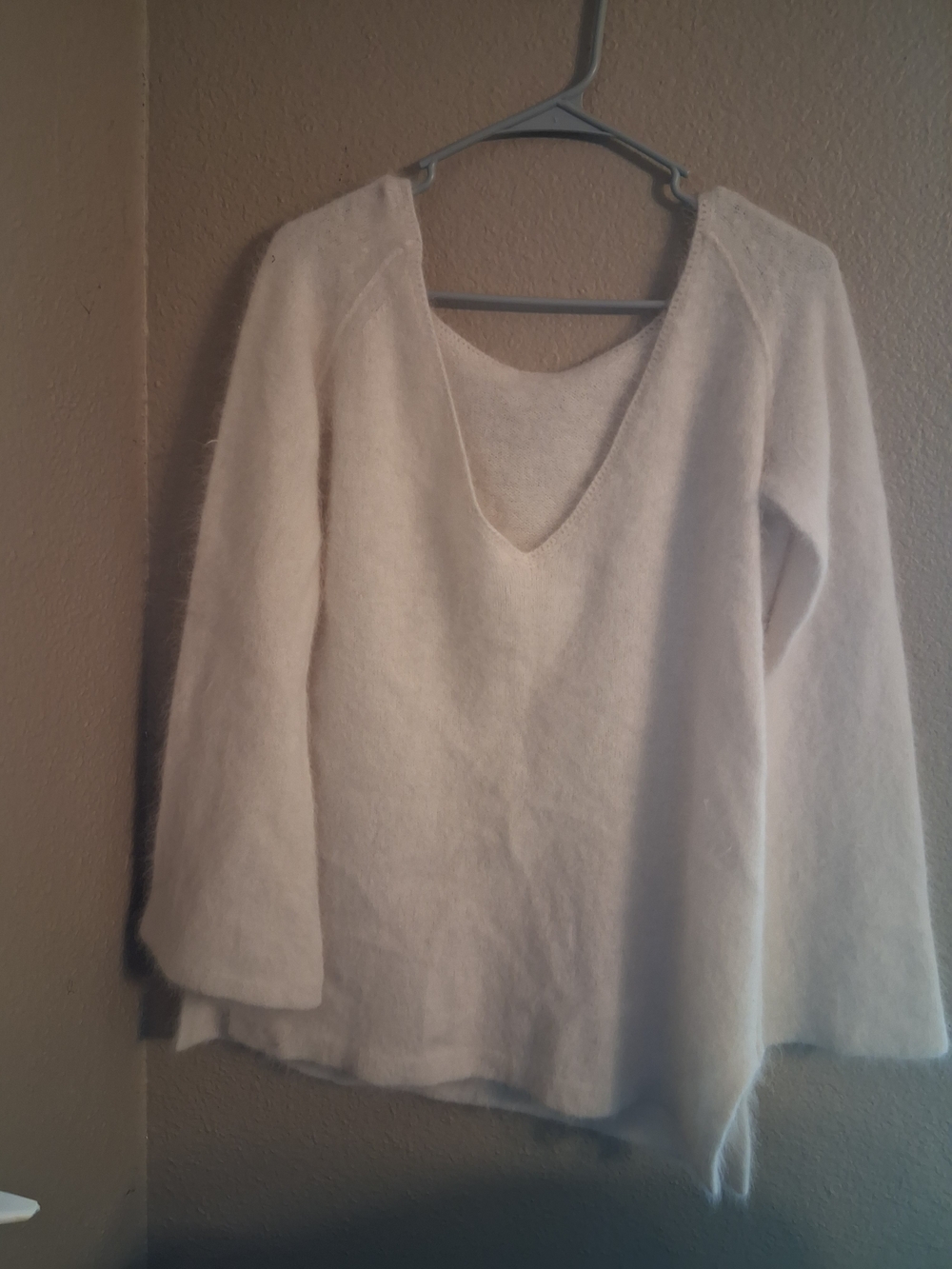 Free People Cream Fuzzy V-Neck Sweater Offset Bell Sleeve. Slit Side Fits Medium